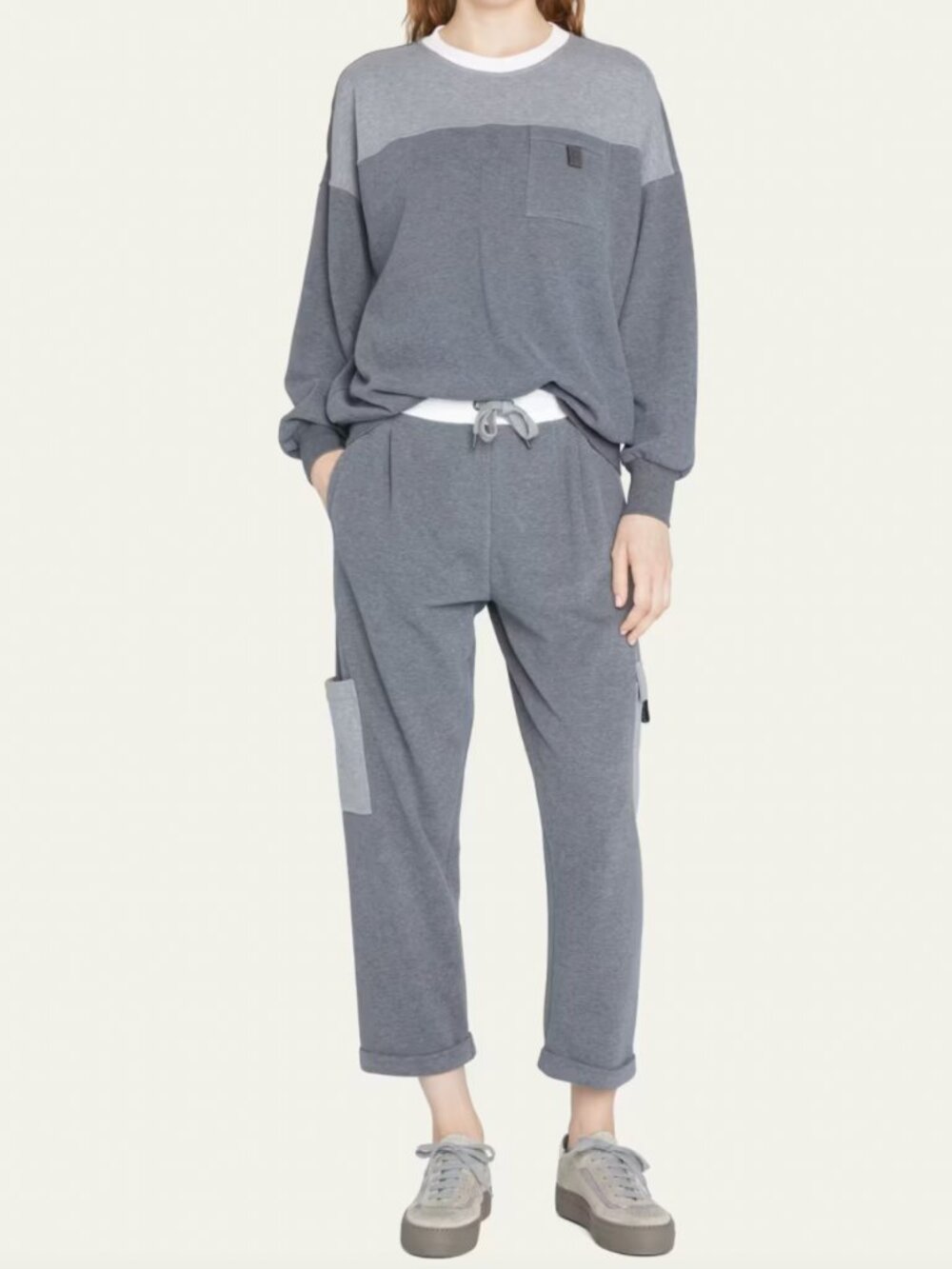 $1350 Brunello Cucinelli Gray Cotton Colorblock Jogger Sweatpants size Small